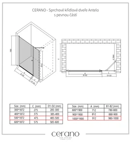 Cerano Antelo, 1-krídlové sprchové dvere s pevnou časťou 100(dvere) x 50(stena) x 190 cm, 6mm číre sklo, čierny profil, CER-CER-435824