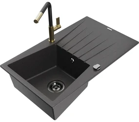 Mexen Cesar, 1-komorový granitový drez 775x470x190 mm a drezová batéria Flora, čierna škvrnitá, 6514-76-670401-57-B