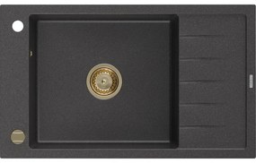 Mexen Elias, granitový drez granitový 795x480x200 mm, 1-komorový, čierna škvrnitá so zlatým sifónom, 6511791005-76-G