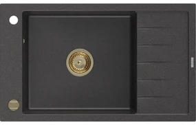 Mexen Elias, granitový drez granitový 795x480x200 mm, 1-komorový, čierna škvrnitá so zlatým sifónom, 6511791005-76-G