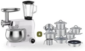 MEGAKOMBO Multifunkčný kuchynský robot BestBerg BBR-1900P + 15dielna sada riadu s mramorovým povrchom BestBerg BBSC-15 / strieborná