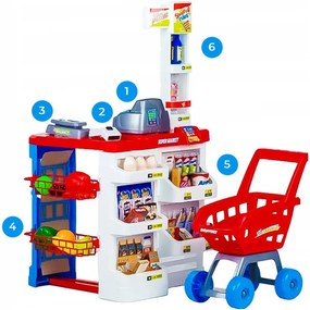 MULTISTORE Detský supermarket s pokladňou, skenerom, váhou a nákupným vozíkom, 47 dielov