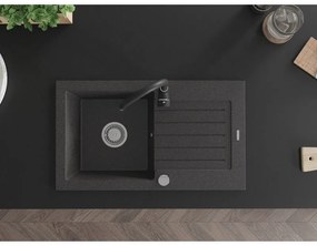 Mexen Pablo, granitový drez 752x436x161 mm, 1-komorový a čierna batéria Telma, čierna škvrnitá, 6510-76-670200-70