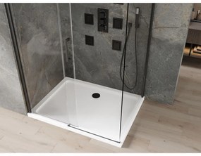 Mexen Omega, sprchovací kút s posuvnými dverami 140 (dvere) x 100 (stena) cm, 8mm číre sklo, čierny profil + slim sprchová vanička biela s čiernym sifónom, 825-140-100-70-00-4010B