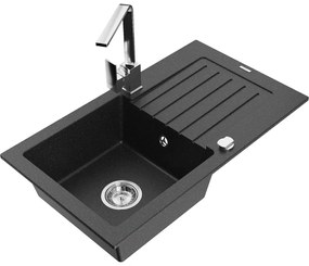 Mexen Pablo, granitový drez 752x436x161 mm, 1-komorový a chrómová batéria Rita, čierna-strieborná metalíza, 6510-73-670300-00