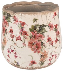 Béžový keramický dekoračný obal na kvetináč s výraznými kvetmi - Ø18*16 cm