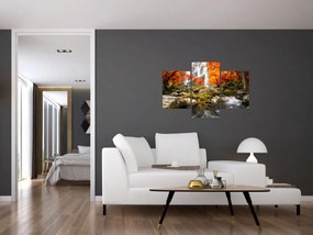 Obraz - Vodopády v jesennej krajine, oranžový (90x60 cm)