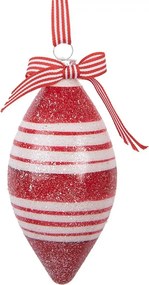 Červenobiela pruhovaná sklenená ozdoba špicatá banka - Ø 6*12 cm