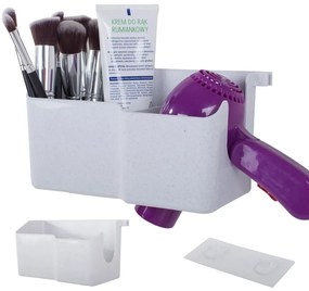 VERK GROUP Nástenný držiak na fén s organizérom s 3 priehradkami a háčikmi, biely