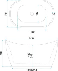 Rea Atena, voľne stojaca vaňa 1700x730x710 mm, biela, biely click-clack, REA-W0127