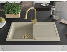Mexen Leo, 1-komorový granitový drez 900x500x190 mm a drezová batéria Elia, béžová, 6501-69-670101-50