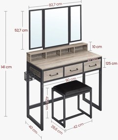 Toaletný stolík s 3-dielnym skladacím zrkadlom v sivo-béžovej a čiernej farbe
