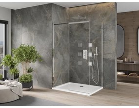 Mexen Omega, sprchovací kút s posuvnými dverami 110 (dvere) x 80 (stena) cm, 8mm číre sklo, chrómový profil + slim sprchová vanička 5cm, 825-110-080-01-00-4010