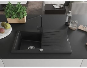 Mexen Cesar, granitový drez 775x470x190 mm, 1-komorový, čierna s chrómovým sifónom a čierna drezová batéria Rita, 6514-77-670300-70