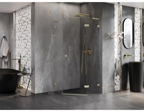 Mexen Lunar, L päťuholníkový sprchový kút s pravým sklonom 90 x 90 cm, 8mm číre sklo, zlatý matný profil, 831L-090P-090L-55-00-P