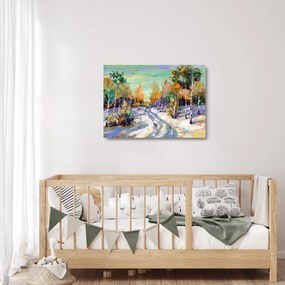 Sklenený obraz - Zasnežená cesta lesom, olejomaľba (70x50 cm)