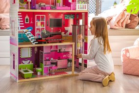 Drevený domček pre bábiky Malibu ECOTOYS – 3-poschodový s výťahom, 10-dielny nábytok