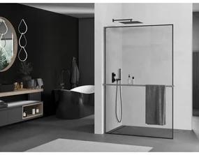 Mexen Kioto+ L, sprchová zástena Walk-In s poličkou a vešiakom 100 x 200 cm, 8mm číre sklo čierny vzor, grafitový profil, 800-100-123-66-70