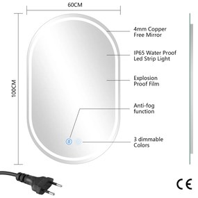 Erga Lyra, oválne LED zrkadlo 60x100cm, 3 farby svetla, predné a zadné osvetlenie, vyhrievacia podložka proti zapareniu, ERG-V01-Lyra-6010-CL