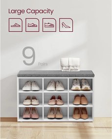 Lavica na topánky s čalúneným sedadlom, s 9 priehradkami, biela a sivá farba