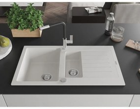 Mexen Matias, 1,5-komorový granitový drez 900x505x200 mm a drezová batéria Flora, biela, 6502-20-670401-07