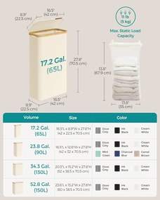 Úzky kôš na prádlo s viečkom, 65 L, krémovo biely