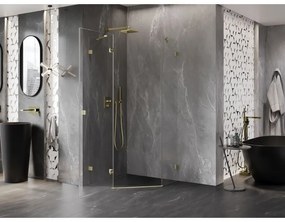Mexen Lunar, päťuholníkový sprchový kút s ľavým sklonom 90 x 90 cm, 8mm číre sklo, zlatý matný profil, 831-090L-090P-55-00-L