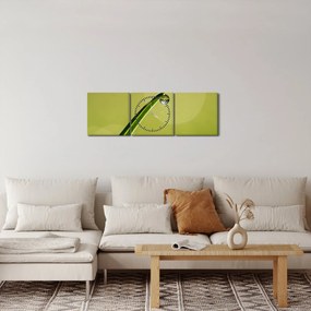 Obraz kvapky vody na tráve (s hodinami) (90x30 cm)