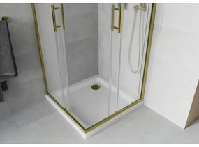 Mexen Rio, štvorcový sprchovací kút s posuvnými dverami 80(dvere) x 80(dvere) x 190 cm, 6mm sklo námraza, zlatý profil + biela sprchová vanička SLIM, 860-080-080-50-30-4010G
