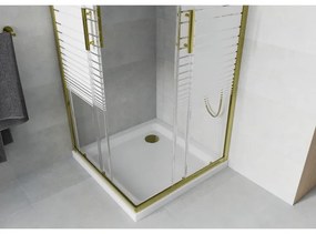 Mexen Rio, štvorcový sprchovací kút s posuvnými dverami 80(dvere) x 80(dvere) x 190 cm, 6mm číre sklo s pásikmi, zlatý profil + biela sprchová vanička SLIM, 860-080-080-50-20-4010G