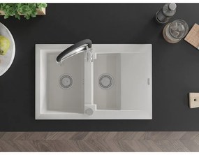 Mexen Gaspar, 1,5-komorový granitový drez 737x475x177 mm a drezová batéria Aster, biela, 6507-20-73450-07