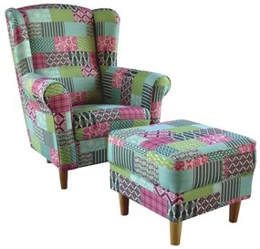 Kondela Kreslo, ušiak s taburetom, patchwork M1 látka, ASTRID