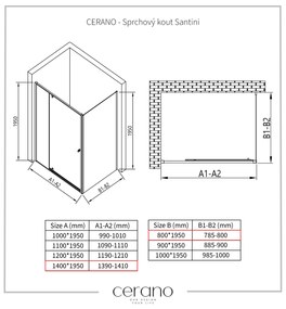 Cerano Santini, sprchovací kút 140(dvere) x 80(stena) x 195 cm, 6mm číre sklo, čierny profil, CER-CER-429013