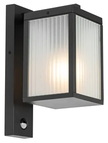 Vonkajšia nástenná lampa čierna s rebrovaným sklom a senzorom pohybu - Charlois
