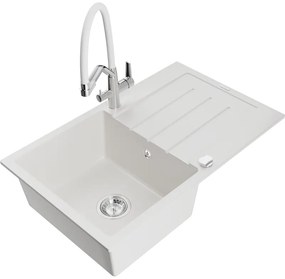 Mexen Bruno, 1-komorový granitový drez 795x495x200 mm a drezová batéria Duo, biela, 6513-20-671701-02