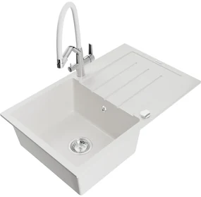 Mexen Bruno, 1-komorový granitový drez 795x495x200 mm a drezová batéria Duo, biela, 6513-20-671701-02