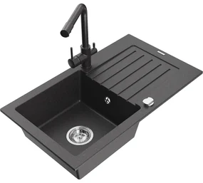 Mexen Pablo, granitový drez 752x436x161 mm, 1-komorový a čierna škvrnitá batéria Duero, čierna škvrnitá, 6510-76-671600-76