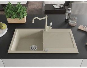 Mexen Leo, granitový drez 900x500x190 mm, 1-komorový a drezová batéria Carla, béžová, 6501-69-670700-69