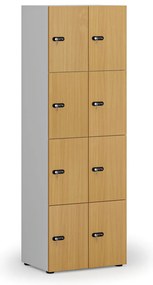 Drevená šatníková skrinka s úložnými boxmi, 8 boxov, mechanický kódový zámok, sivá/buk