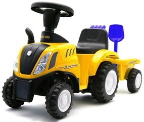 Detské odrážadlo traktor s vlečkou a náradim Baby Mix New Holland žltý