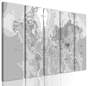 5-dielny obraz geografická mapa sveta v čiernobielom prevedení