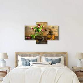 Obraz - tulipány, mlynček a káva (90x60 cm)