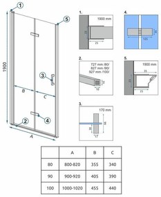 Rea Molier, skladacie sprchové dvere 90x190cm, 6mm číre sklo, chrómový profil + bočný magnetický profil, KPL-K8539