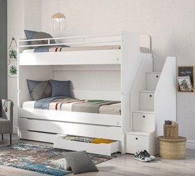 Poschodová posteľ s prístelkou, úložným priestorom a schodíky Pure Modular - biela