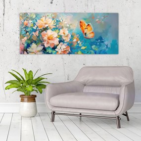 Obraz - Motýľ a kvety, olejomaľba II. (120x50 cm)