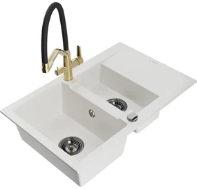 Mexen Gaspar, granitový drez 737x475x177 mm, 1,5-komorový a drezová batéria Duo, biela, 6507-20-671701-57-B