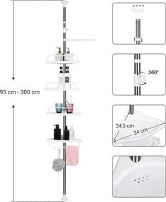 Nastaviteľná kúpeľňová rohová polica, teleskopická sprchová polica, 95-300 cm, biela