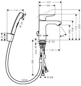 Hansgrohe Metris New, umývadlová batéria s ručnou sprchou Bidette, s výpusťou, chrómová, HAN-31285000