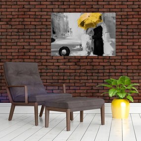 Obraz - Zamilovaný pár pod dáždnikom, žltý (90x60 cm)