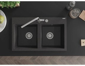 Mexen Hektor, 2-komorový granitový drez 800x480x205 mm, čierna škvrnitá, chrómový sifón, 6521802000-76